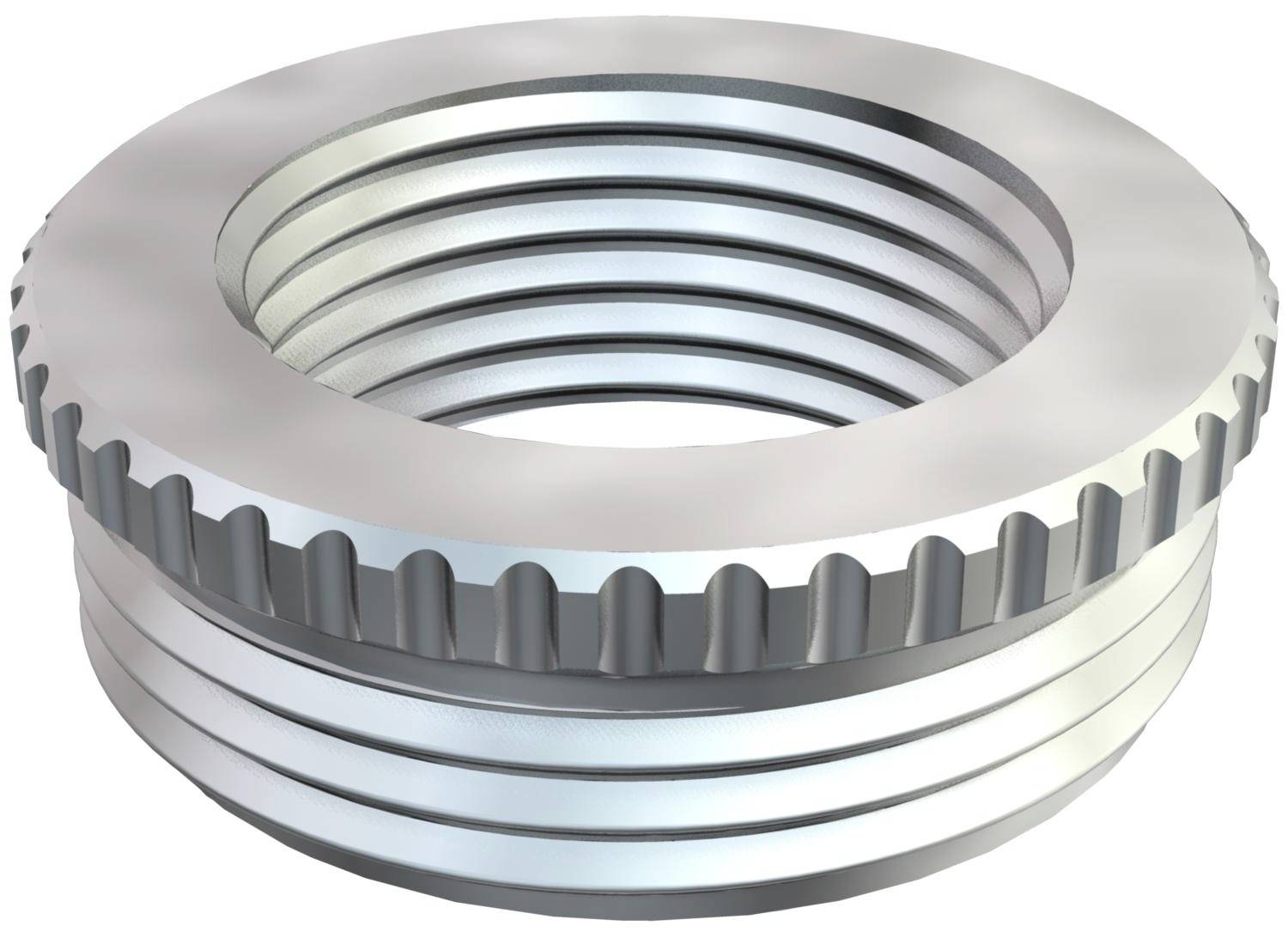 Ein silberner, metallischer Schraubadapter mit mehreren Gewinden und gezahnter Kante, zur Verbindung von Rohren oder Schläuchen gedacht.