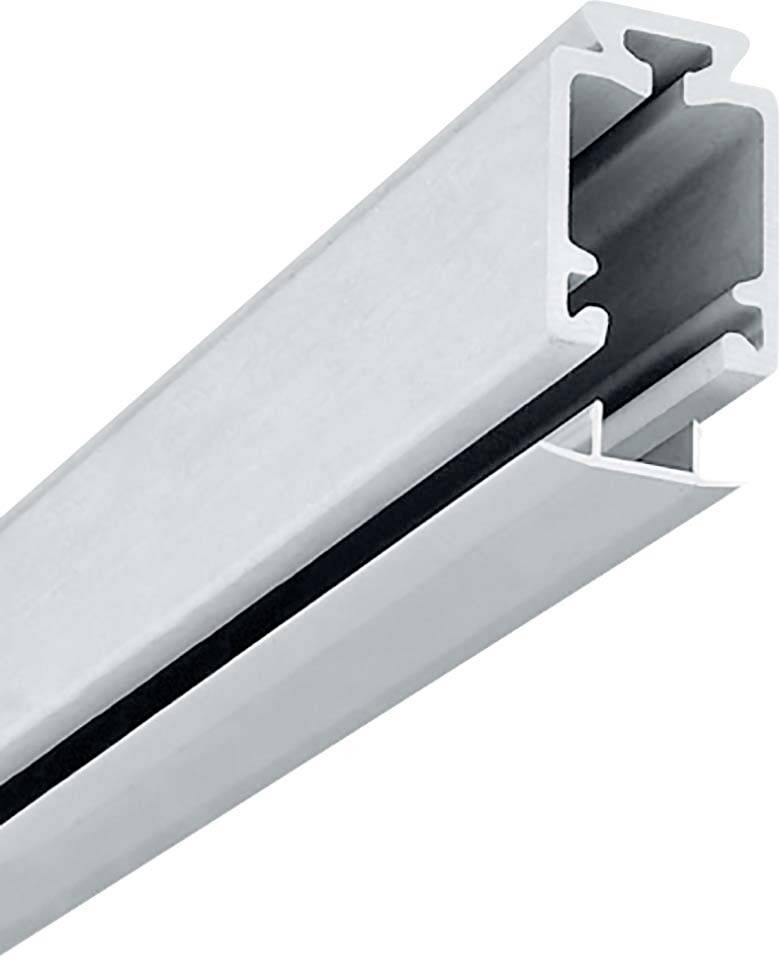 Silberne Aluminiumprofilstange mit rechteckigem Querschnitt, Ecken sind abgerundet, dient als Schiene oder Halterungselement.