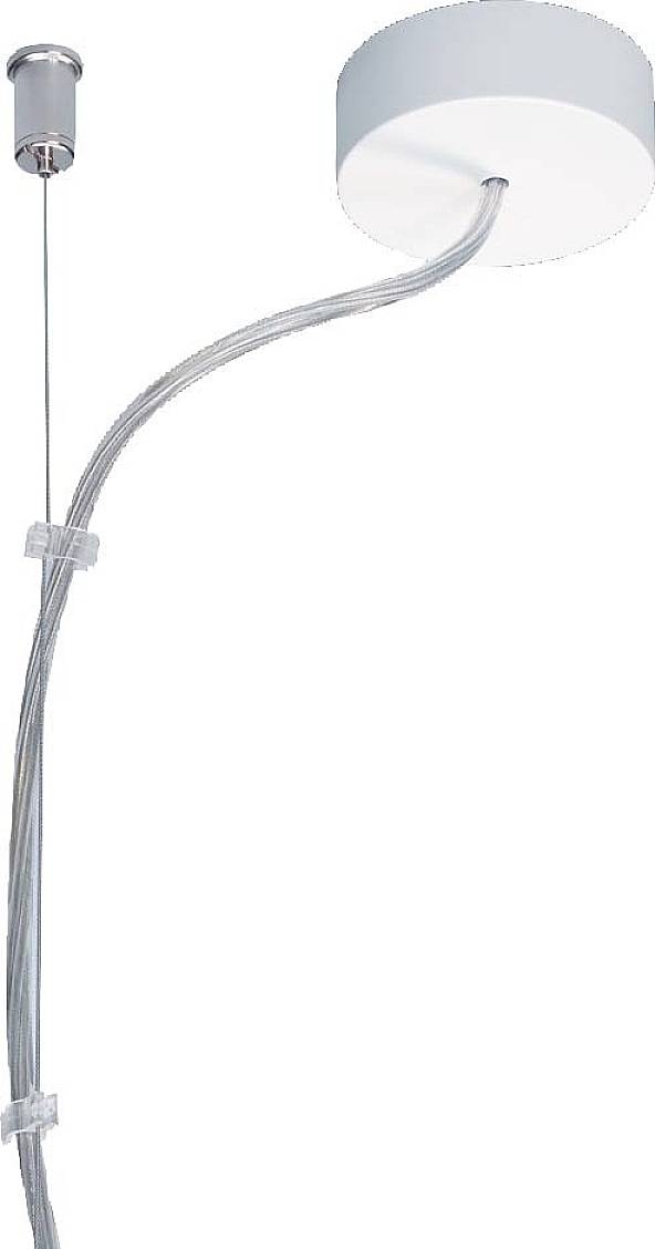 Hängelampe mit geschwungenem Kabel und runder Deckenhalterung in modernem Design, zeigt eine elegante, minimalistische Beleuchtungslösung.