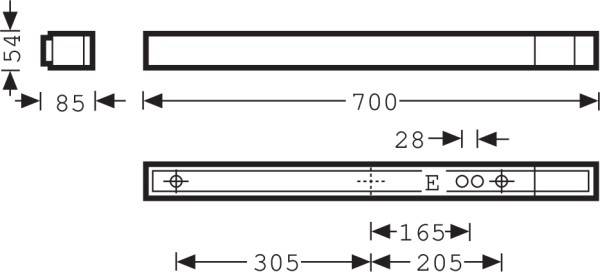 Technische Zeichnung einer rechteckigen Komponente mit Maßen: 85x54 mm Querschnitt, 700 mm Länge. Weitere Details mit 28 mm, 165 mm, 205 mm, 305 mm Maßen.