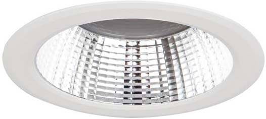 Ein silberner Reflektor, der in einer weißen, ovalen Halterung eingebaut ist. Der Reflektor erzeugt eine gleichmäßige Lichtverteilung.