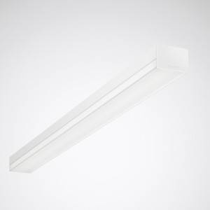 Rechteckige, weiße LED-Deckenleuchte vor grauem Hintergrund, leuchtet gleichmäßig und ist für moderne Raumgestaltung geeignet.