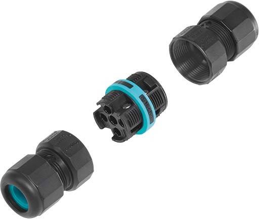 Zerlegter schwarzer Kabelverbinder aus Kunststoff besteht aus drei Teilen: zwei Endstücke und ein zentrales Segment mit blauer Dichtung.