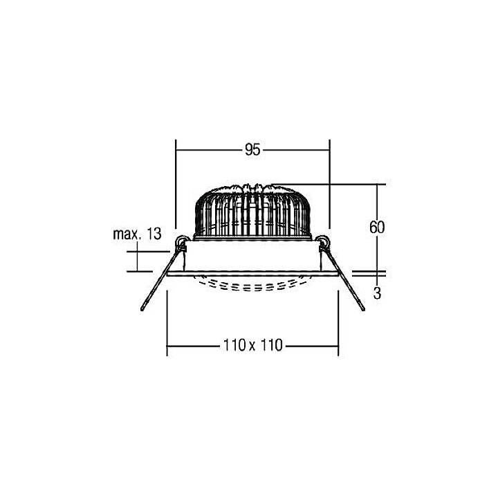 Technische Zeichnung eines runden Deckenstrahlers mit Maßen: Durchmesser 95 mm, Höhe 60 mm, Länge 110 mm, Breite 110 mm, max. Einbautiefe 13 mm.