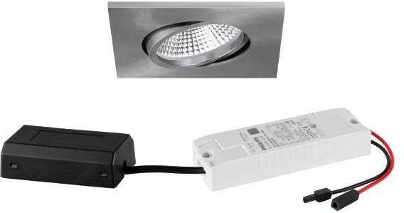 Ein rechteckiger LED-Spotstrahler und ein rechteckiges Netzteil sind auf einem weißen Hintergrund abgebildet.