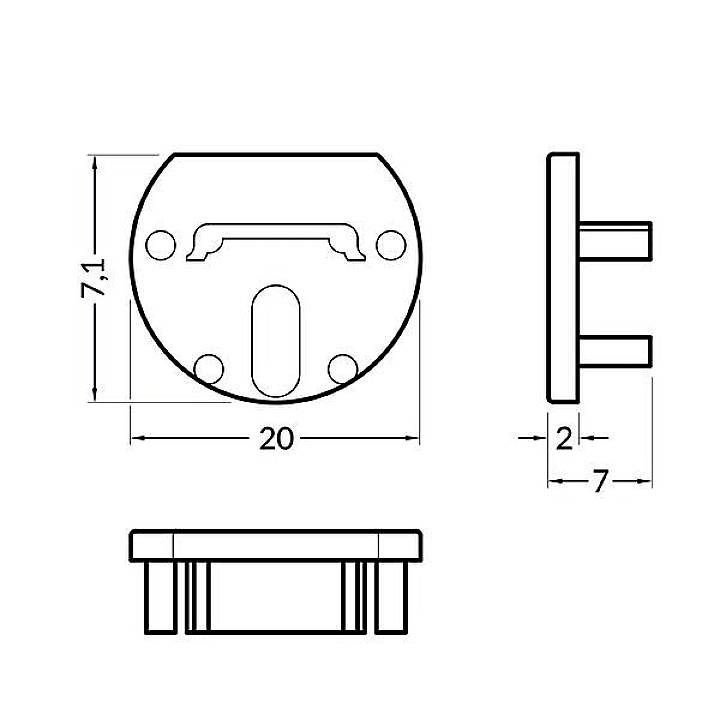 Technische Zeichnung eines rechteckigen Metallteils mit Abmessungen: 20 mm Breite, 7,1 mm Höhe, 7 mm Tiefe und 2 mm Dicke.