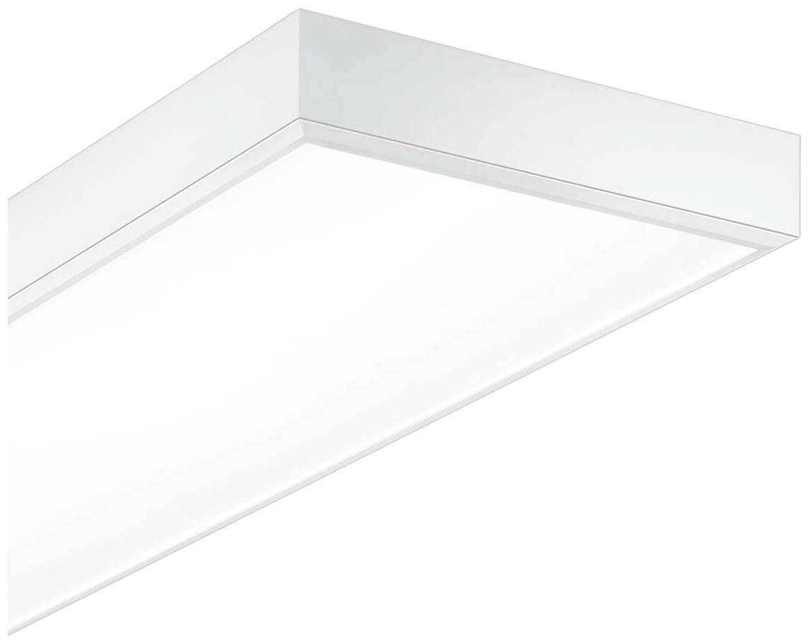 Rechteckige, weiße LED-Deckenleuchte mit flachem Design, strahlt gleichmäßiges Licht aus. Ideal für moderne Innenräume.