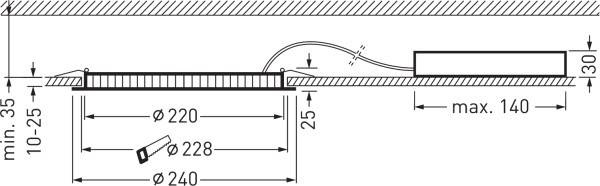 Einbauzeichnung einer LED-Leuchte für abgehängte Decken. Maße: Mindesttiefe 35 mm, Leuchtenkörper Durchmesser 240 mm, Einbautiefe 25 mm. Maximale Entfernung zum Treiber 140 mm.