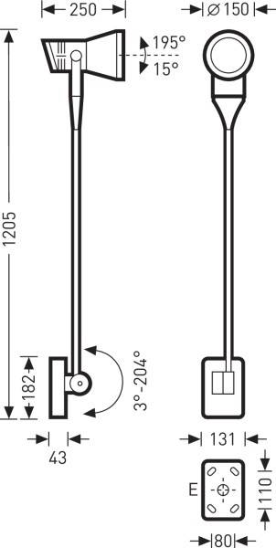 Abbildung eines technischen Schemas einer Steh- oder Wandlampe mit Abmessungen, Winkeln und Formdetails. Indikationen für Verstellmöglichkeiten.