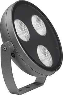 Rundes, modernes LED-Flutlicht mit drei Leuchtquellen und einem stabilen Metallrahmen, geeignet für Außenbeleuchtung.