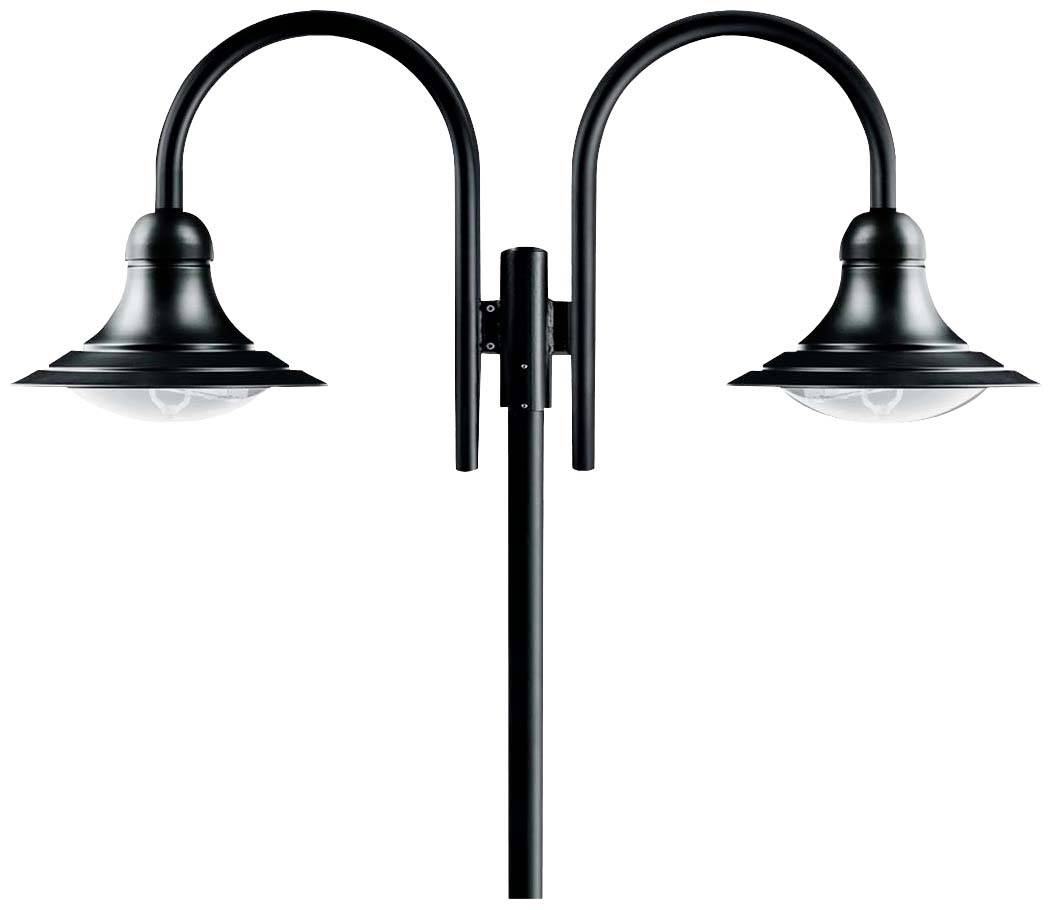 Eine schwarze zweiköpfige Straßenlaterne mit gebogenen Armen und runden Lampen, vor weißem Hintergrund.