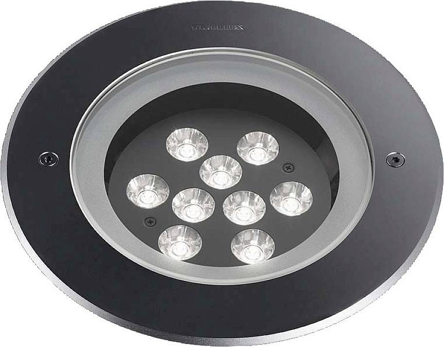 Runde LED-Bodenleuchte in silbernem Gehäuse mit acht leuchtenden LEDs, geeignet für Außenbeleuchtung.