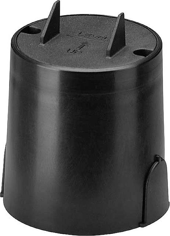 Schwarzes Kunststoff-Abdeckgehäuse für Bewässerungsventile, zylindrische Form mit abnehmbarem Deckel, zwei Aussparungen oben.