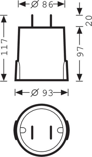 Technische Zeichnung eines runden Steckers mit Abmessungen: Durchmesser 86 mm oben, 93 mm unten, Höhe 117 mm, Abstand 20 mm.