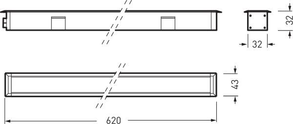 Technische Zeichnung eines rechteckigen Gehäuses mit Maßen: Länge 620 mm, Breite 32 mm, Höhe 43 mm. Seitenansicht und Endansicht.