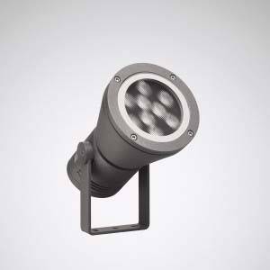 Ein grauer LED-Scheinwerfer mit mehreren runden Linsen, montiert auf einem verstellbaren Halterungsarm, zeigt nach oben.