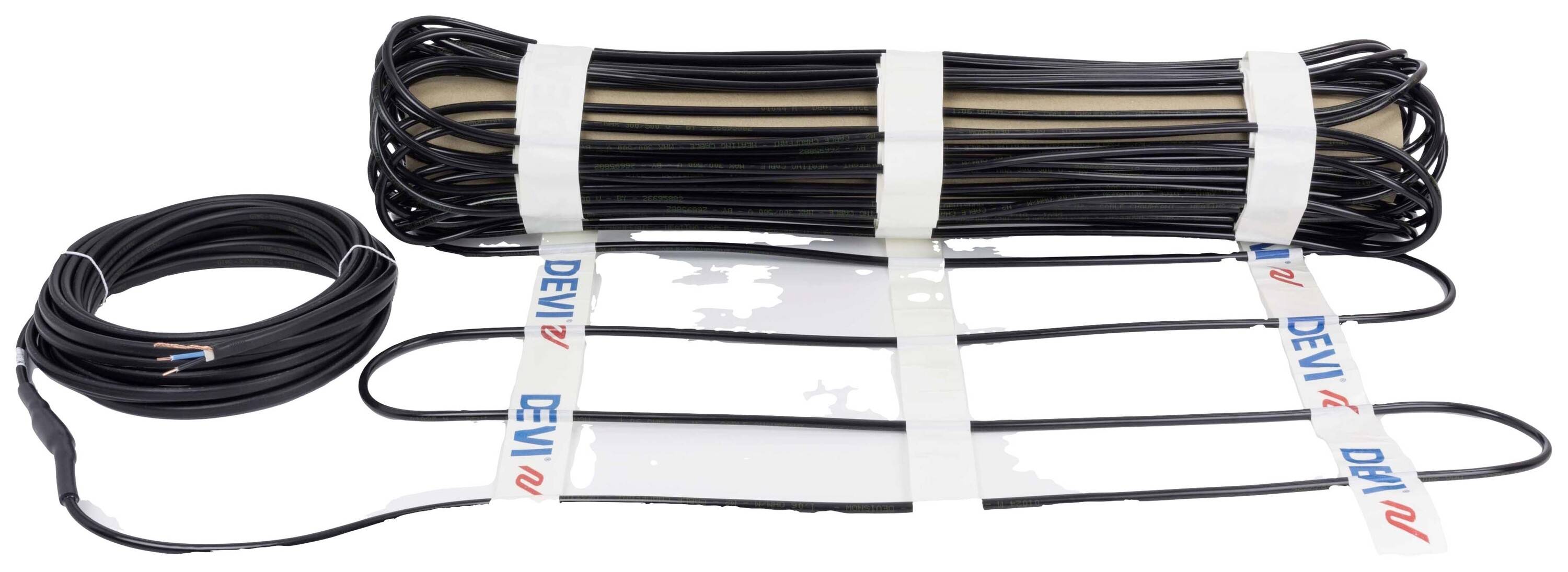Heizmatte mit aufgewickeltem Kabel, geeignet für Fußbodenheizung. Kabel ist schwarz, mit weißen Befestigungsstreifen markiert.