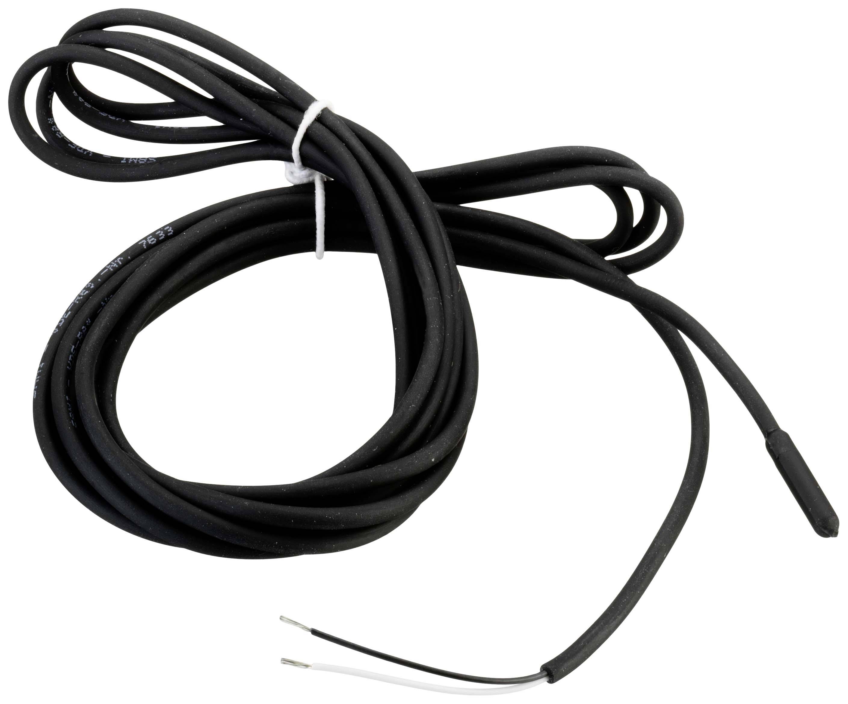 Ein langes, schwarzes Kabel mit zwei freigelegten Enden und einem gebundenen Mittelteil, möglicherweise für elektrische Anwendungen.