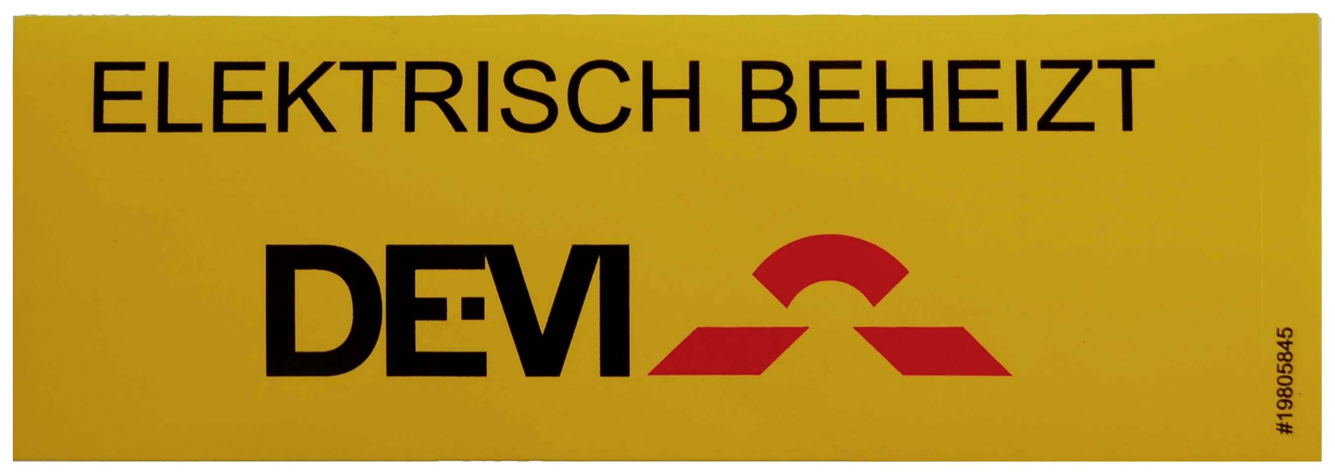 Gelbes Schild mit schwarzem Text 'ELEKTRISCH BEHEIZT' und 'DEVI' mit rotem Logo darunter.