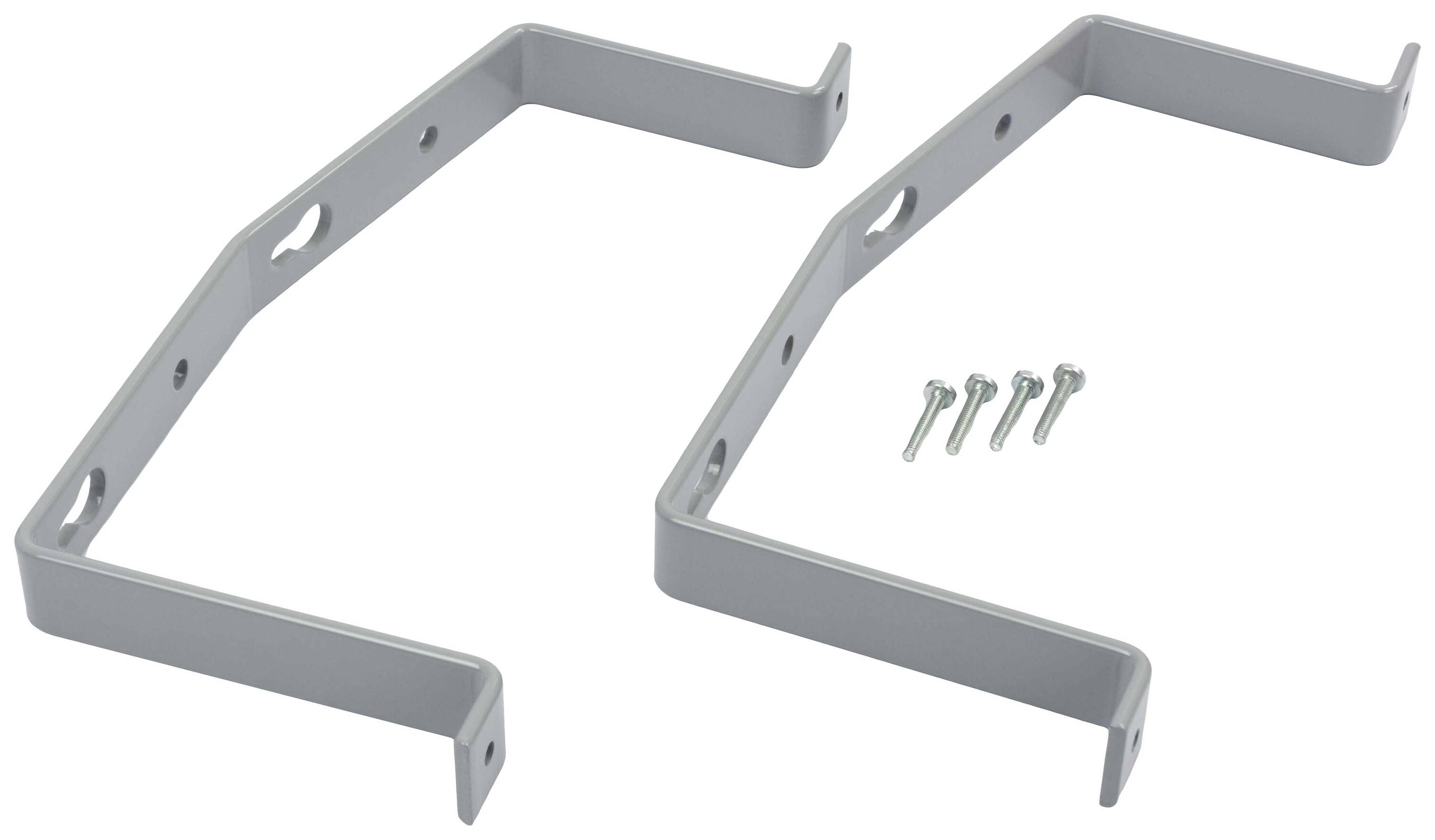 Zwei graue Metallhalterungen, jeweils mit drei Bohrlöchern, und vier silberne Schrauben.