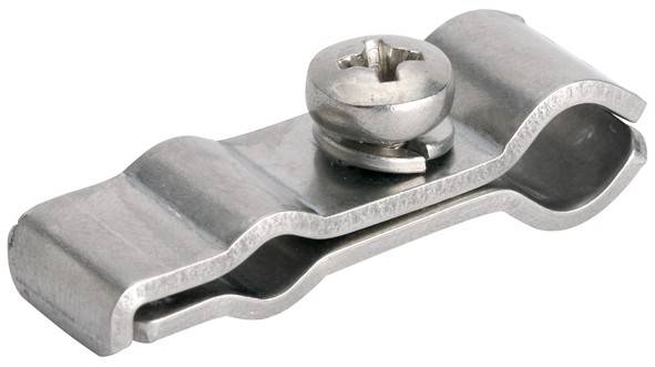 Metallschraubhalterung, bestehend aus einer gezackten Metallplatte und einer Schraube, typisch für Befestigungszwecke.