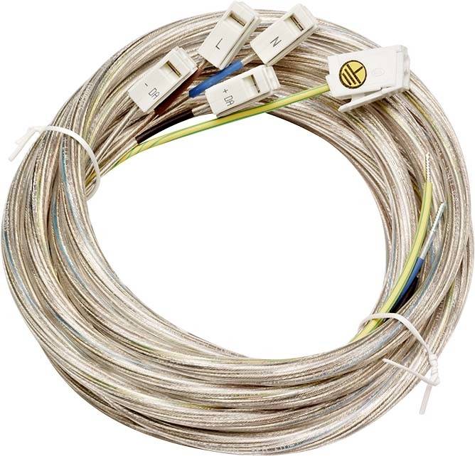 Ein Kabel mit mehreren Drähten, jeweils mit bestimmten Anschlussetiketten: L, N, +, -, Erde. Eignet sich für elektrische Verbindungen.