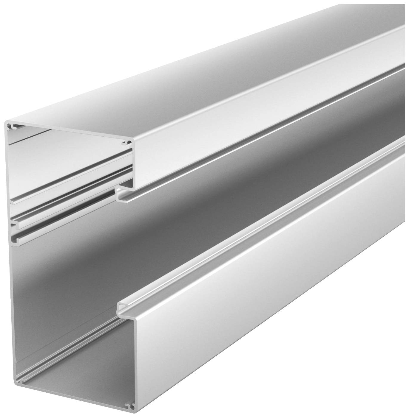 Ein silbernes Aluminiumprofil mit C-förmigem Querschnitt, verwendet in der Konstruktion oder als Schiene für Befestigungselemente.