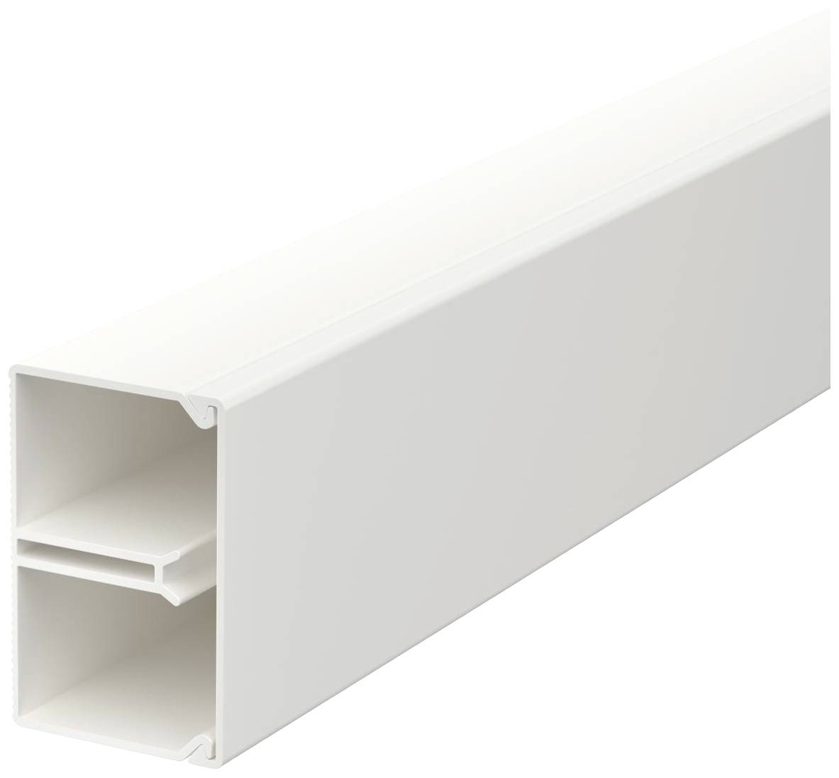 Ein weißer rechteckiger Kabelkanal in Nahaufnahme, zeigt zwei separate Kammern zur Kabelverlegung.