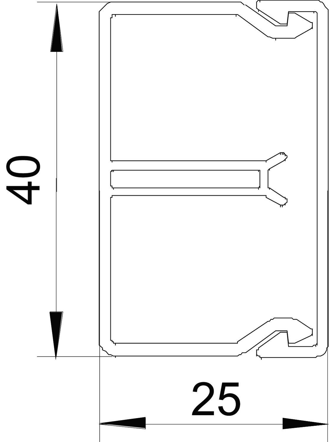 Technische Zeichnung eines rechteckigen Profils mit Maßen: 40 mm hoch, 25 mm breit.
