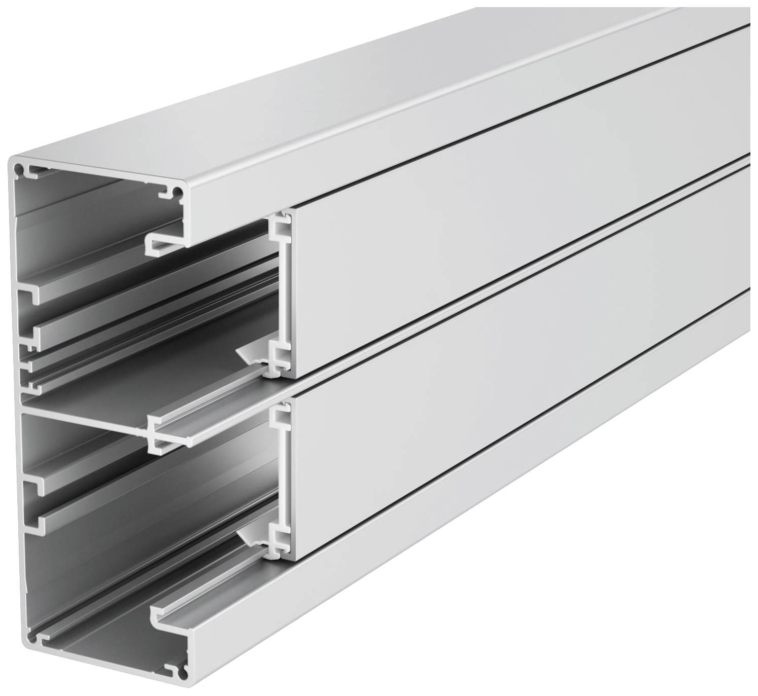 Aluminiumprofil in Form eines rechtwinkligen Kanals mit mehreren inneren Kammern, geeignet für den Bau von leichten Strukturen.