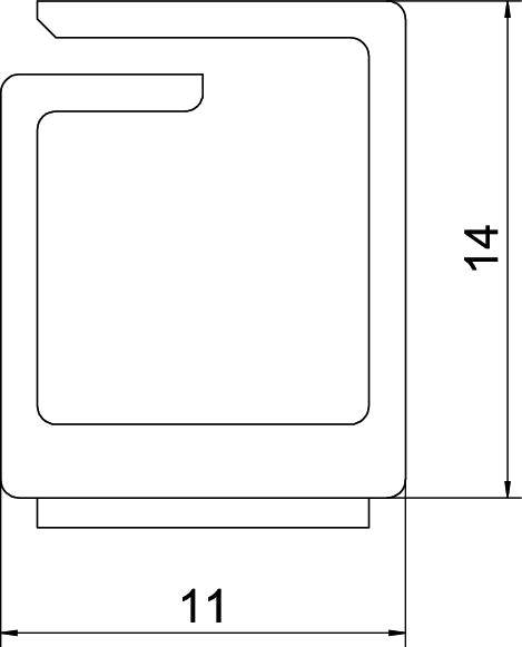 Technische Zeichnung eines Metallprofils. Das Profil hat eine L-Form mit den Abmessungen 11 Einheiten Breite und 14 Einheiten Höhe.