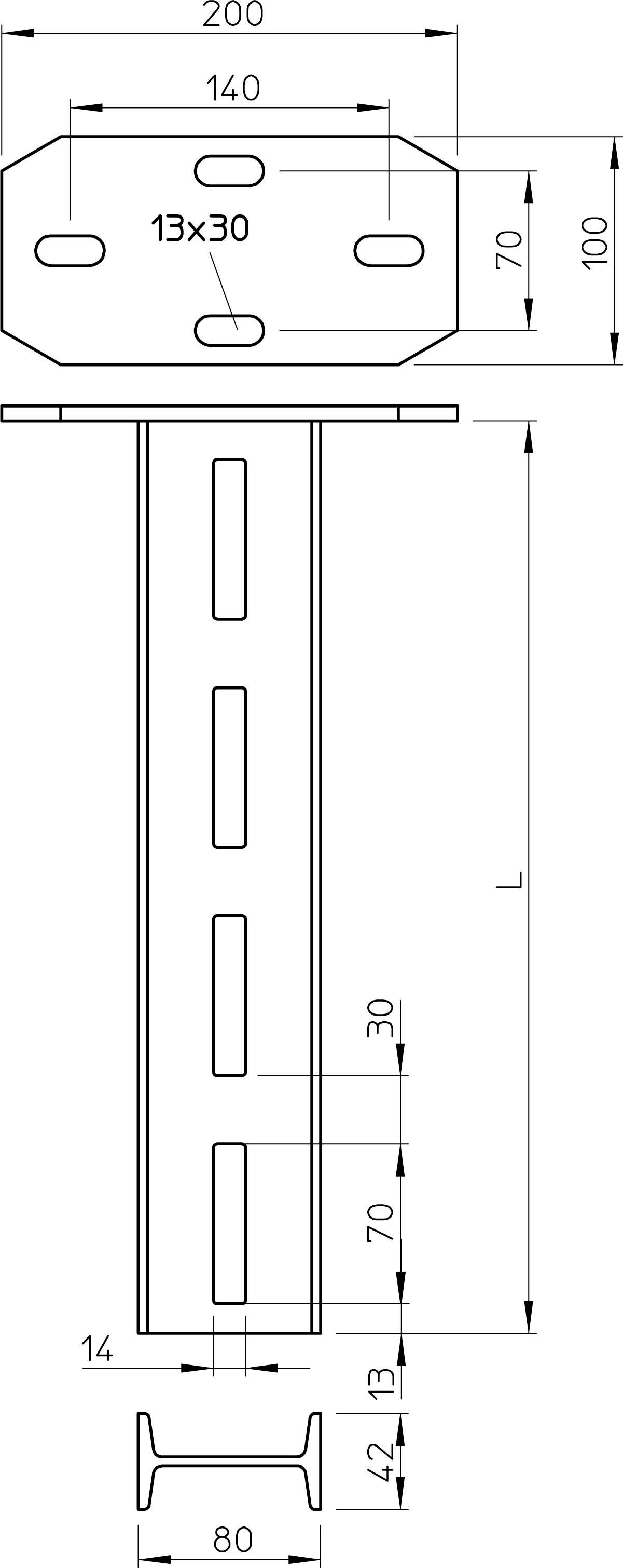 Technische Zeichnung einer Metallstütze mit Maßeinheiten in Millimetern. Oben befinden sich Langlöcher 13x30 mm, der Querschnitt unten ist 80x42 mm.