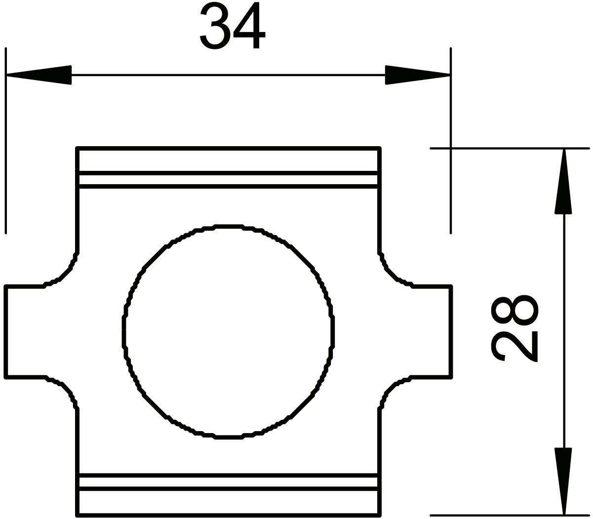 Technische Zeichnung eines Kreuzstücks mit Abmessungen: 34 Breite, 28 Höhe.
