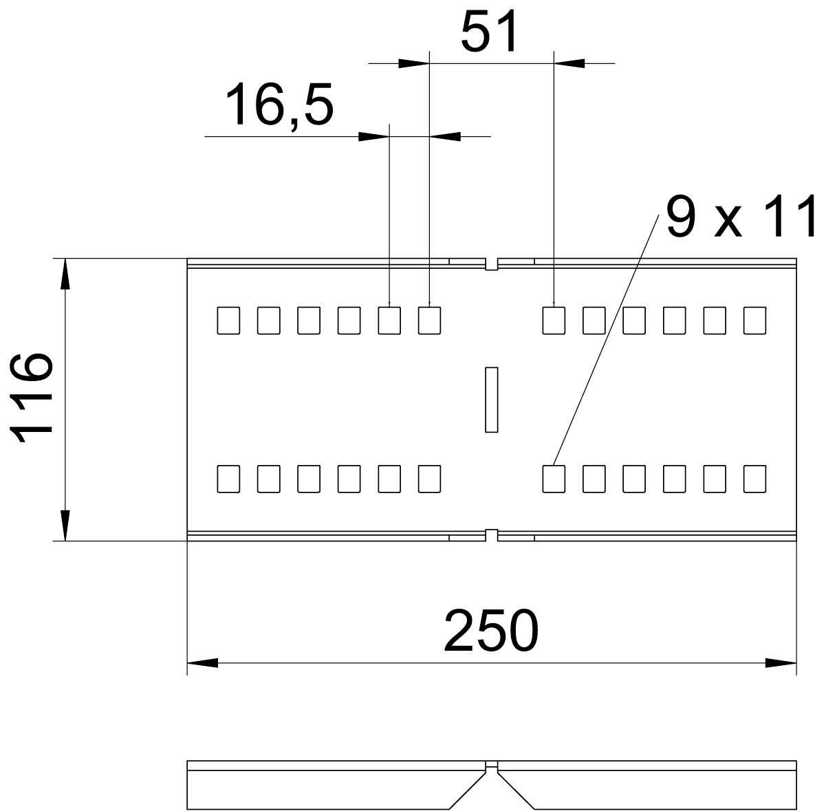 Technische Zeichnung eines rechteckigen Bauteils mit den Maßen 250 x 116 mm. Löcher sind 9 x 11 mm groß. Abstand der Löcher ist 16,5 mm, die Gesamtbreite 51 mm.