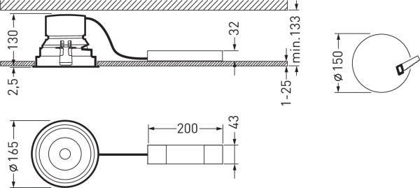 Technische Zeichnung eines runden Geräts mit Kabel, Durchmesser 165 mm, Einbauhöhe 43 mm. Seitliche Ansicht und Draufsicht gezeigt.