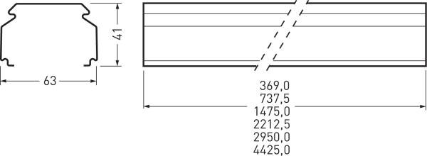 Technische Zeichnung eines Profils mit Maßen: Breite 63 mm, Höhe 41 mm. Längenoptionen: 369,0 mm bis 4425,0 mm.