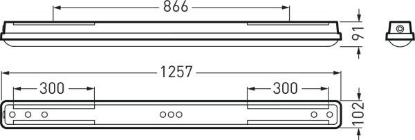 Abmessungen einer rechteckigen Leuchte: Länge 1257 mm, Breite 91 mm, Höhe 102 mm. Zusätzliche Längenangaben: 866 mm, 300 mm.