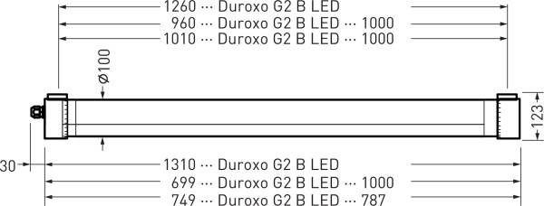 Diagramm einer LED-Röhre Duroxo G2 B mit verschiedenen Längen- und Durchmesserangaben: 1260-1310 mm Länge, Durchmesser 100 mm.
