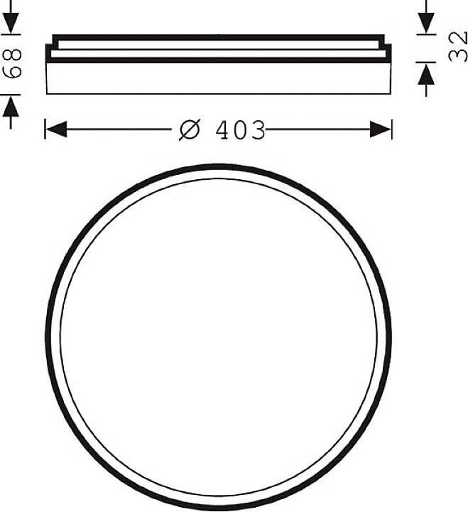 Zeichnung zeigt die Maße eines runden Objekts: Durchmesser 403 mm, Höhe 32 mm, Breite 68 mm.