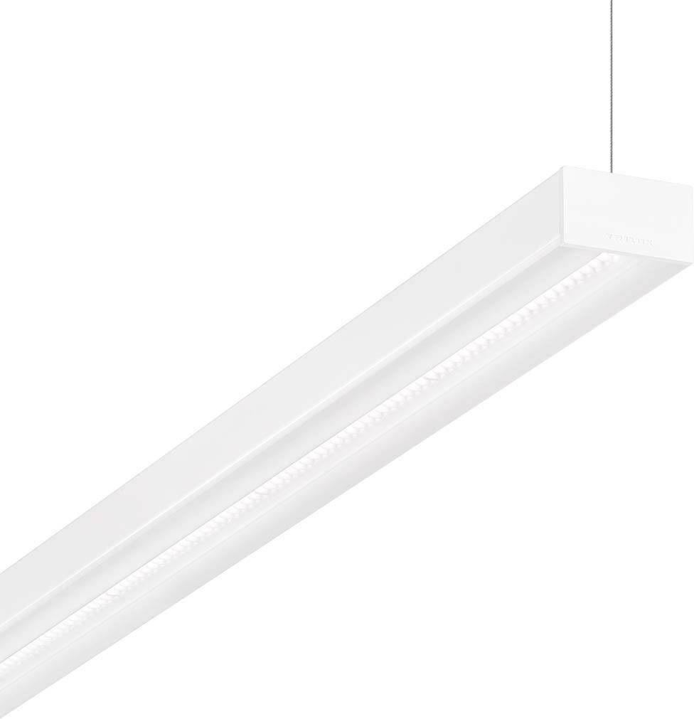 Eine schlichte, weiße lineare LED-Leuchte hängt an der Decke. Sie dient zur modernen Raumbeleuchtung und hat ein minimalistisches Design.