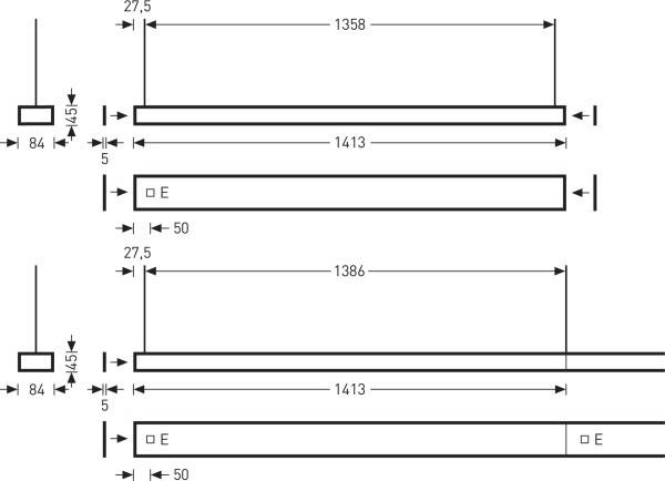 'Diagramm mit drei Balken: Oben 1358 mm, in der Mitte 1386 mm, unten ohne Maßangabe. Rectangle gekennzeichnet mit 'E'. Maße in mm.'