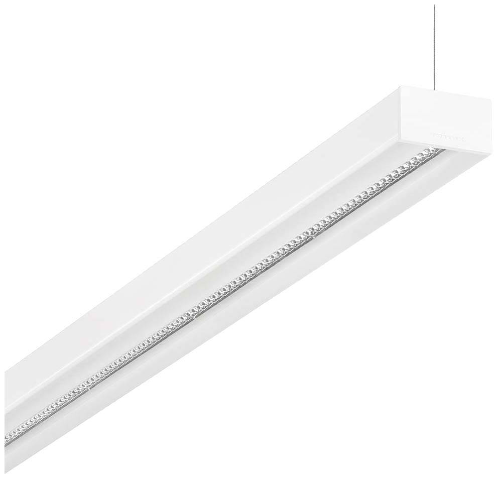 Rechteckige, weiße LED-Hängeleuchte mit schmalem, schwarzem Einsatz auf der Unterseite, an einem einzelnen Kabel von der Decke hängend.