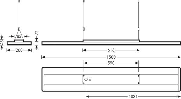 Technische Zeichnung einer Hängelampe mit Maßen: 1031 mm Länge, 200 mm Breite, 45 mm Höhe. Zeigt Montagedetails und Abstände.