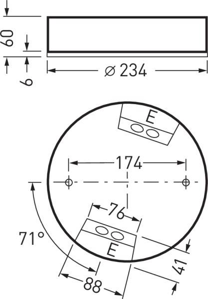 Technische Zeichnung eines runden Objekts mit einem Durchmesser von 234 mm. Zeigt Details zu Komponenten und Winkeln im Inneren.