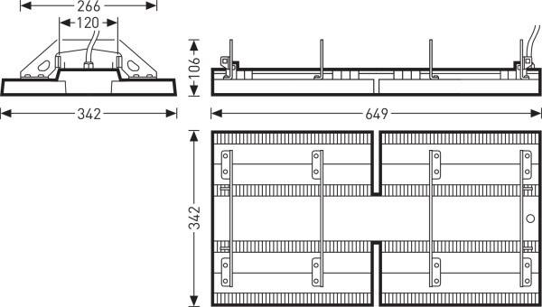 Technische Zeichnung eines Deckenmoduls mit Abmessungen: 342 mm Breite, 649 mm Länge, 106 mm Höhe. Detaillierte Komponentenansicht.