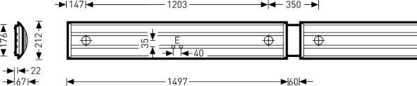 Technische Zeichnung eines Metallprofils mit Bemaßungen. Gesamtlänge: 1497 mm. Innenteile: 1203 mm, 350 mm. Durchmesser: 70 mm. Weitere Maße: 35 mm, 40 mm.