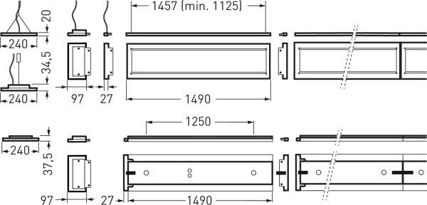 Technische Zeichnung einer Deckenleuchte mit Abmessungen: Breite 1490 mm, Höhe 240 mm, Tiefe 97 mm. Enthält Montageanleitung.