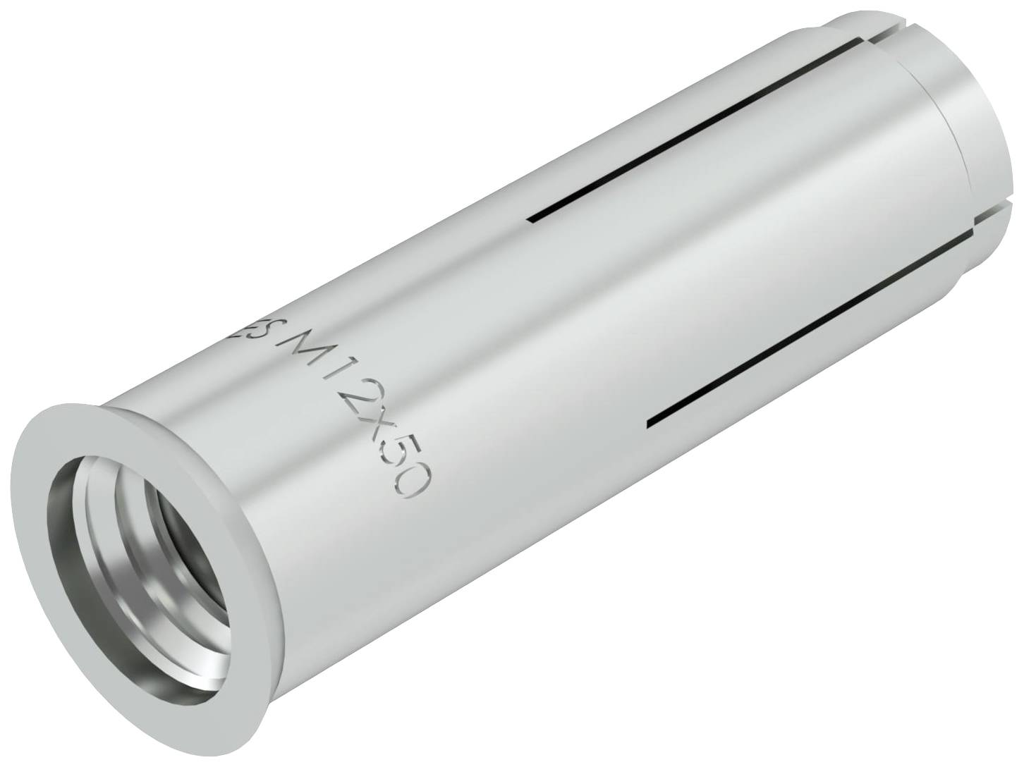 Silberner Metallanker mit Schlitz an der Seite und 'M12x50'-Gravur, geeignet für Befestigungslösungen in Bauprojekten.