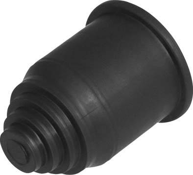 Ein schwarzes Gummibuchsenstück mit mehreren abgestuften Kanten, wahrscheinlich ein Teil eines größeren mechanischen Systems.