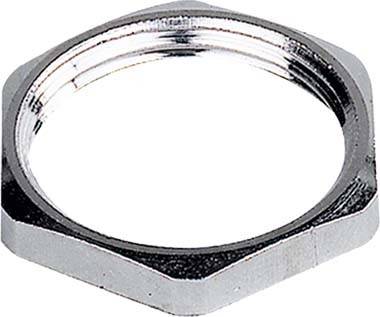 Ein silberfarbener, sechseckiger Metallring mit einem glänzenden Finish, möglicherweise ein Bestandteil eines mechanischen Geräts.